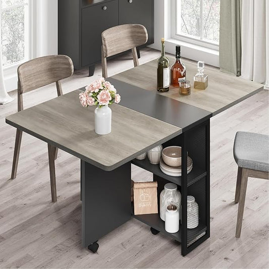 GarveeHome Folding Dining Table, Space Saving Farmhouse Dining Table for 4 Storage Shelf, 6 Wheels Multipose Expandable Kitchen Drop Leaf Table for Small Space (Carlo Grey, 50.1"D x 31.4"W x 29.5"H)