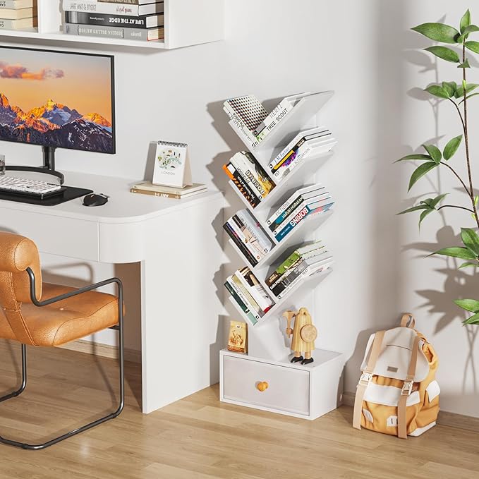8 Tier Tree Bookshelf with Drawer, Free Standing Wood Bookcase for Living Room, Bedroom, Home Office, Space Saving Storage Organizer Bookshelves for Books, CDs, Vinyl Records- White