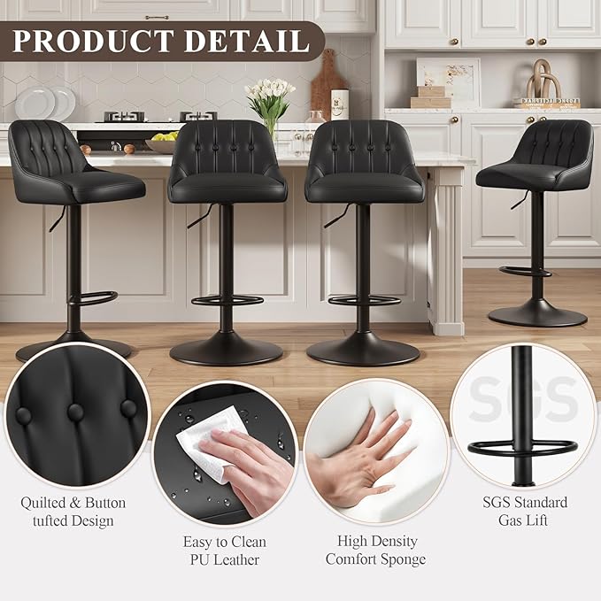 Bar Stools Set of 3, Swivel Bar Chairs, Modern Adjustable PU Leather Upholstered Barstools Counter Height with Tufted Back for Bar, Kitchen Counter Island, Dining Room, Black