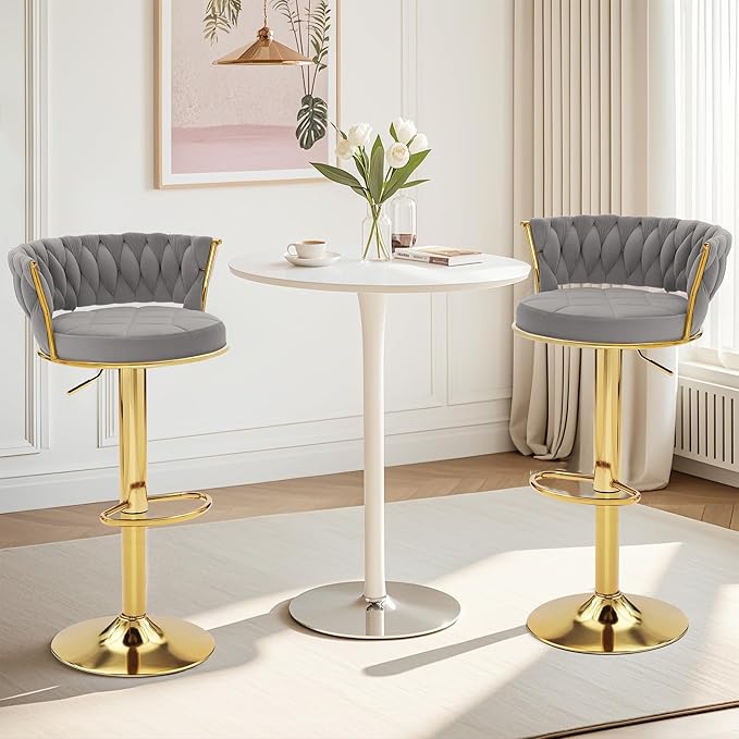 VECELO Bar Stools Set of 4, Adjustable Barstools Counter Height Stools with Back and Arm, Velvet Woven Kitchen Island Stools w/Gold Metal Leg & Base, 360° Swivel Bar Chair, Light Grey