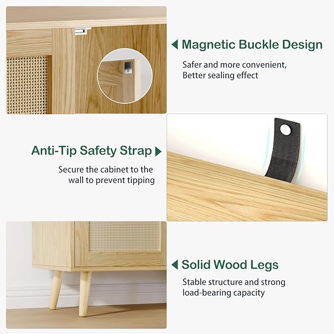 Set of 2 Rattan Sideboard Buffet Cabinets, Stylish Accent Cabinets with Adjustable Shelves & Doors, Ideal for Kitchen & Entryway Storage, Wood Oak