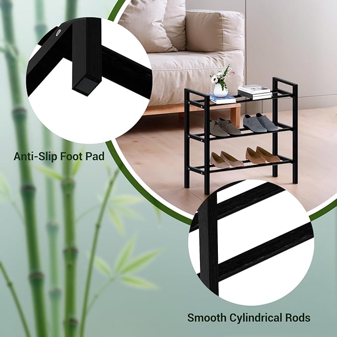 Haddockway Bamboo Shoe Rack for Closet, Free Standing Shoe Organizer with Smooth Round Rods & Convenient Handles, Stackable Shoe Storage Shelf for Entryway, Hallway(Black, 3-Tier(Small))