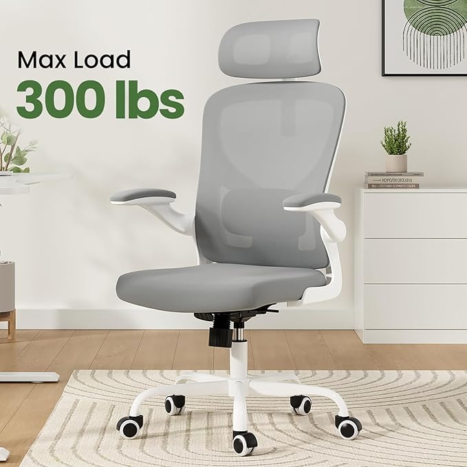 Ergonomic Office Chair, Comfy Home Office Chair High Back Computer Chair with Headrest, Adjustable Back Support, Flip-Up Arms, 90-120° Tilt and Wide Cushion, Up to 300lbs, Grey+White