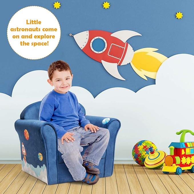 Costzon Kids Couch, Children's Sofa Armrest Chair with Pattern, Toddler Furniture w/Sturdy Wood Construction, Preschool, Lightweight Children Couch Sofa Chair for Aged 1-5 Boys & Girls Gifts, Spaceman