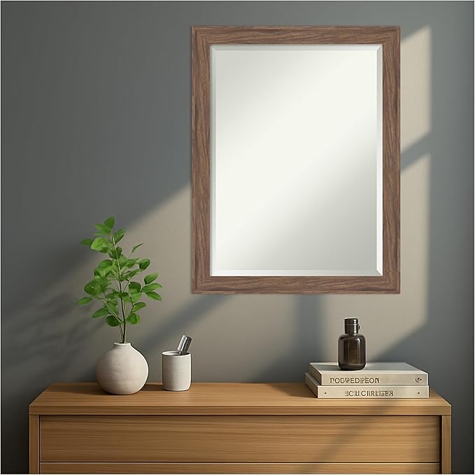 Amanti Art Brown Wall Mirror 27x21 Pia Medium Brown Narrow Rectangle Bathroom Mirror for Wall Decor Living Room, Medium Casual Frame, Hangs Horizonally and Vertically, Bathroom Decor, Beveled Edge