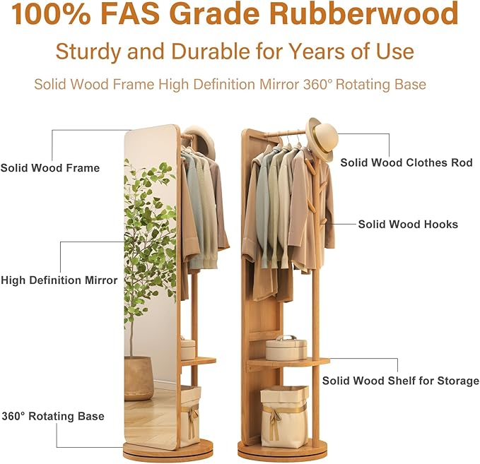 70"x16"Full Length Mirror with Stand,Coat Rack with Mirror,Solid Wood Floor Mirror,Swivel Mirrorfor Bedroom, Living Room, Cloakroom