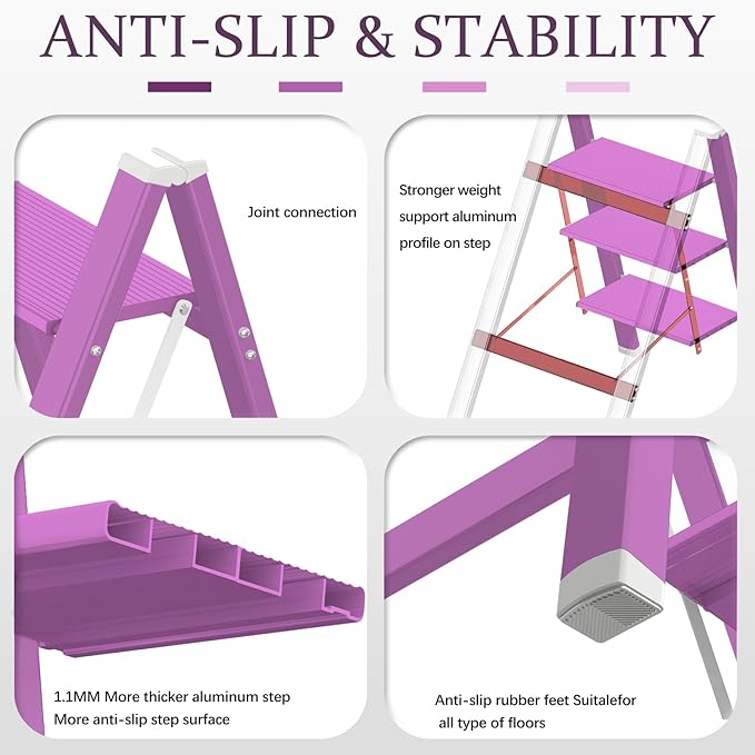 3 Step Lightweight Folding Ladder for Home, 330lbs Aluminum Step Ladder Anti-Slip for Kitchen, Step Stool Foldable Adults for Closet, 330lbs - Light Purple