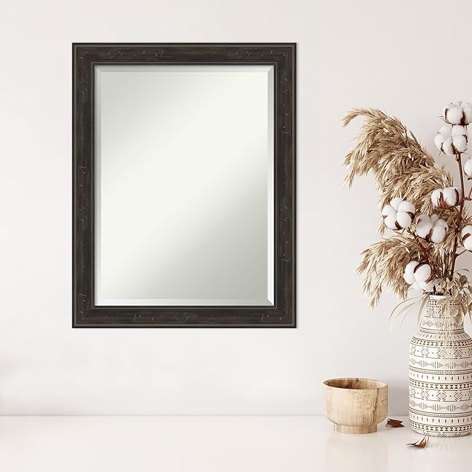 Amanti Art Brown Wall Mirror 28x22 Shipwreck Greywash Narrow Rectangle Bathroom Mirror for Wall Decor Living Room, Medium Traditional Frame, Hangs Horizonally and Vertically, Bathroom Decor, Beveled