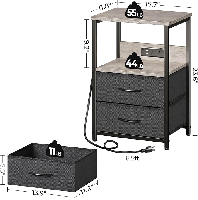 Seventable Nightstand Set of 2 with Charging Station, Bedside Table with LED Lights, Night Stand with 2 Fabric Drawers, 3-Tier Storage End Table for Bedroom, Greige