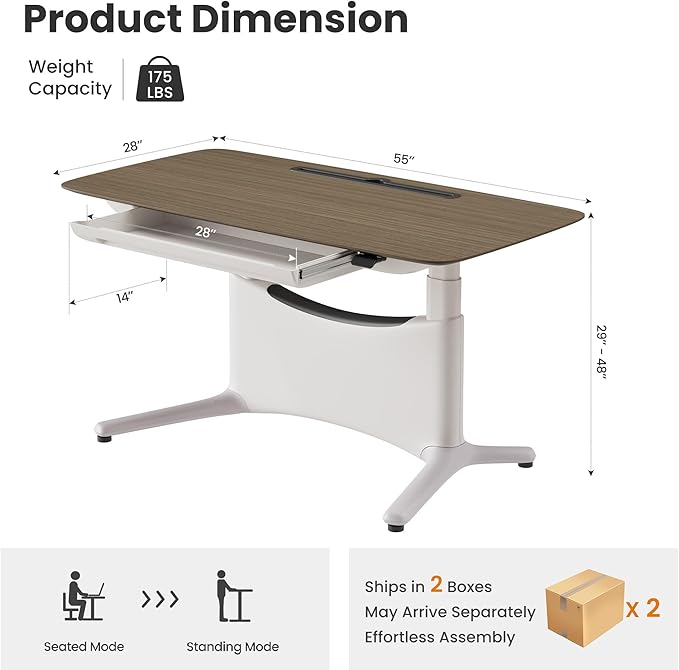 COLAMY Electric Adjustable Standing Desk – 48 x 28 Inch Sit Stand Desk with Drawer & Cable Management, Dual Motor Lift System, Ergonomic Footrest, Home Office Table (Veneer Desktop, Walnut + White)
