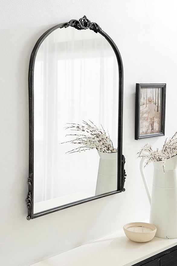 Kate and Laurel Myrcelle Traditional Arched Mirror; 25 x 33; Black; Decorative Vintage Arch Mirror with Ornate Garland Detailing Along The Crown and Edges of The Frame