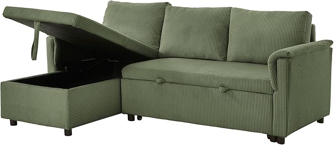 Ball & Cast Reversible Sectional Sofa Couch,L-Shape Sleeper Sofa Bed with Storage Chaise Pull Out Couch for Living Room | Hidden Storage | Pull Out Bed | Removable Backrest | Corduroy Fabric,Green