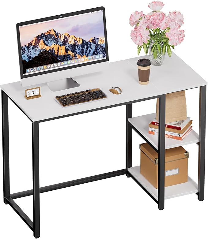SINPAID 40IN Computer Desk with Shelves, Cream White Sturdy Small Desk for Bedroom, Modern Gaming Table, Office Furniture