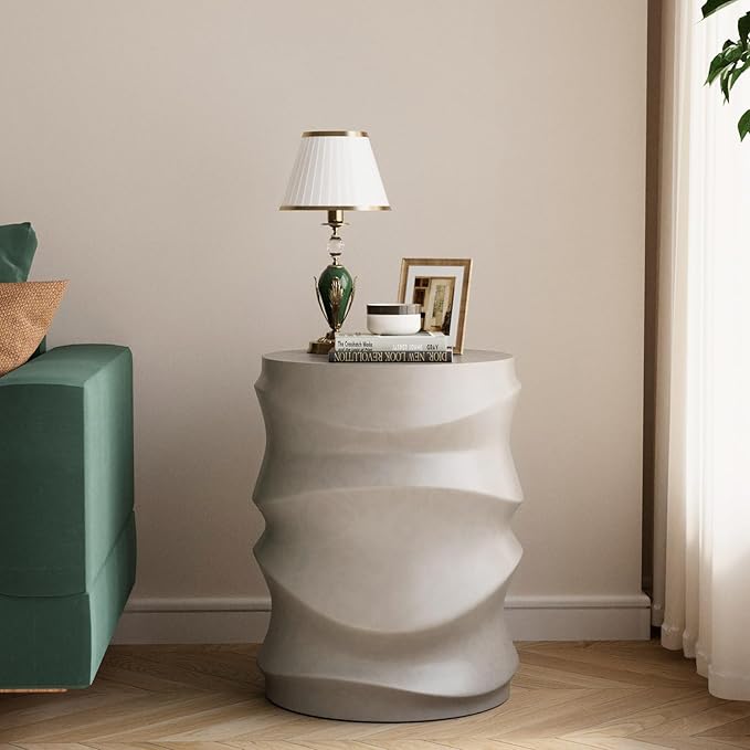 COSIEST Outdoor Side Table, 18''H Patio Concrete Side Accent Table, Streamlined Lightweight Decorative Patio Garden Stools, Plant Stand Drum Tables, Round, Grey