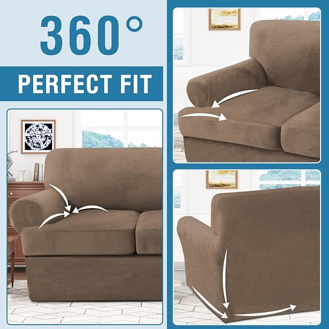 H.VERSAILTEX Sofa Cover 3 Piece T Cushion Sofa Slipcovers Thick Velvet Couch Cover Stretch T Cushion Sofa Covers for 2 Cushion Couch with 2 Individual T Cushion Covers, Mocha