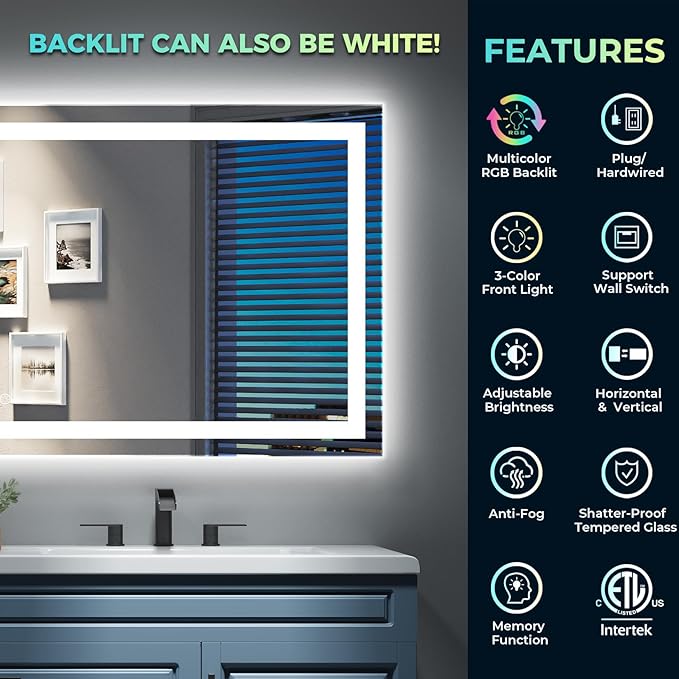 55x40 Inch RGB LED Bathroom Mirror Front Light and RGB Backlit Lighted Vanity Mirror for Bathroom Wall Mounted Dimmable Anti Fog Memory Shatter-Proof IP54 Waterproof Horizontal/Vertical