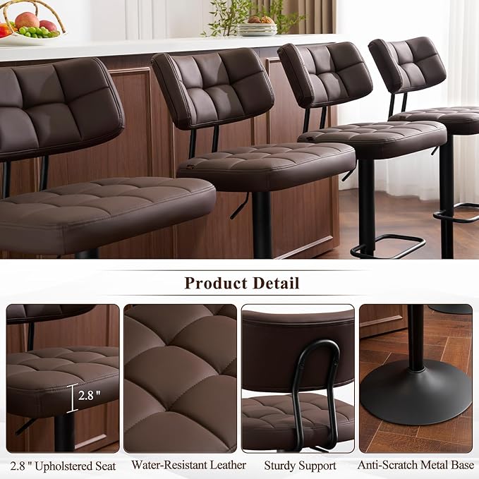 Furniliving Modern Bar Stools Set of 2 Faux Leather, Upholstered Swivel Barstools with Back, Adjustable Bar Chairs Counter Height for Kitchen Island, Dining Space, Brown