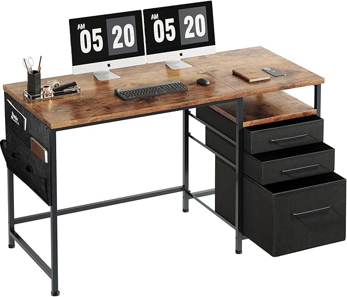 Ｍａｉｈａｉｌ Maihail Computer Desk with Drawers, 47 Inch Desk with 2 Drawers and Shelves, Office Table with Storage, Home Office desks, Metal Frame for PC Laptop, Rustic Brown
