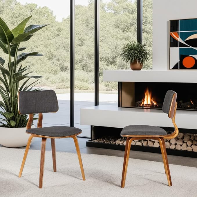Armen Living Jaguar Mid-Century Dining Chair in Walnut Wood and Charcoal Fabric - Set of 2