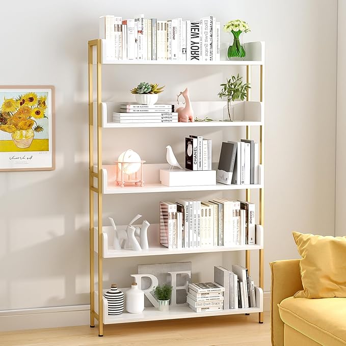 Wide Open Shelf Bookcase - Modern 5-Tier Floor Standing Display Bookshelf with Top Edge for Home and Office, Storage Shelving in Warm White with Gold Frame