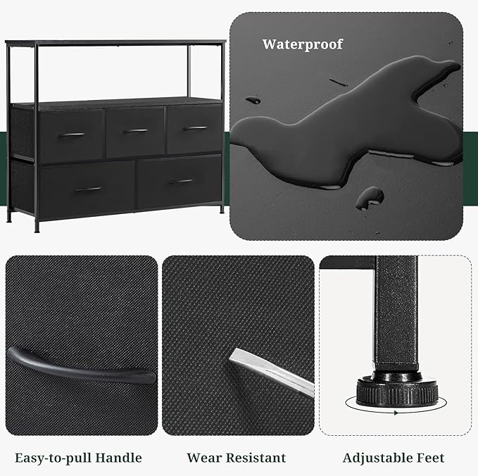 TV Stand, 5 Fabric Drawers Dresser Entertainment Center for TV up to 45 inch Wooden Media Console Table Storage Organizer with Open Shelf, for Living Room, Bedroom, or Small Space, Black