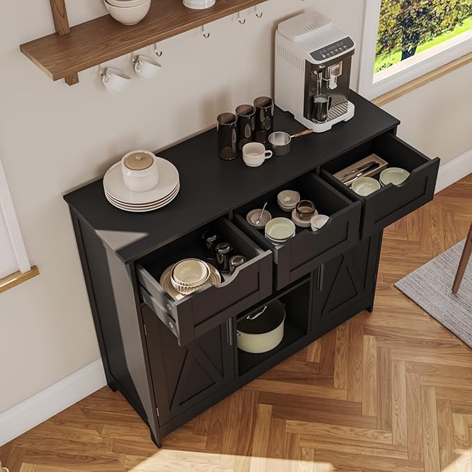 Storage Cabinet, Coffee Bar Cabinet with 2 Adjustable Shelves, 3 Drawers, and 2 Doors, for Bathroom, Kitchen, Living Room (Black)