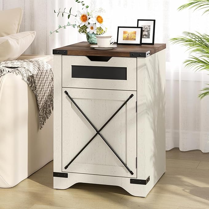 Farmhouse End Table with Charging Station, 26.4" Tall Rustic Nightstand with Drawer and X Barn Door, Antique White Country Bedside Sofa Side Table for Living Room