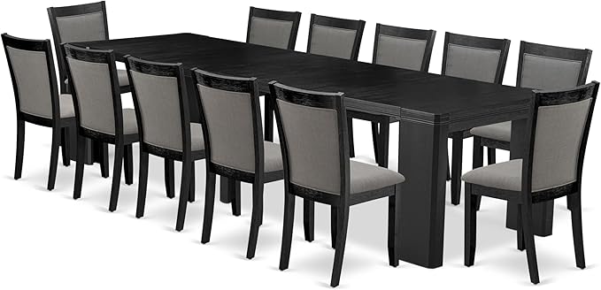 X12MZ-006-50 - 13-piece Dining Room Table Set a Rectangular Kitchen Table and 12 Dark Gotham Grey Linen Fabric Dining Chair, 39x120 Inch, Wire Brushed Black