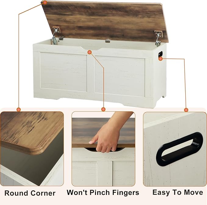 39.4" Storage Chest, Wooden Storage Bench, Lift Top Toy Chest with 2 Safety Hinges, Large Toy Box, Entryway Bench for Living Room, Bedroom, Brown and Rustic White