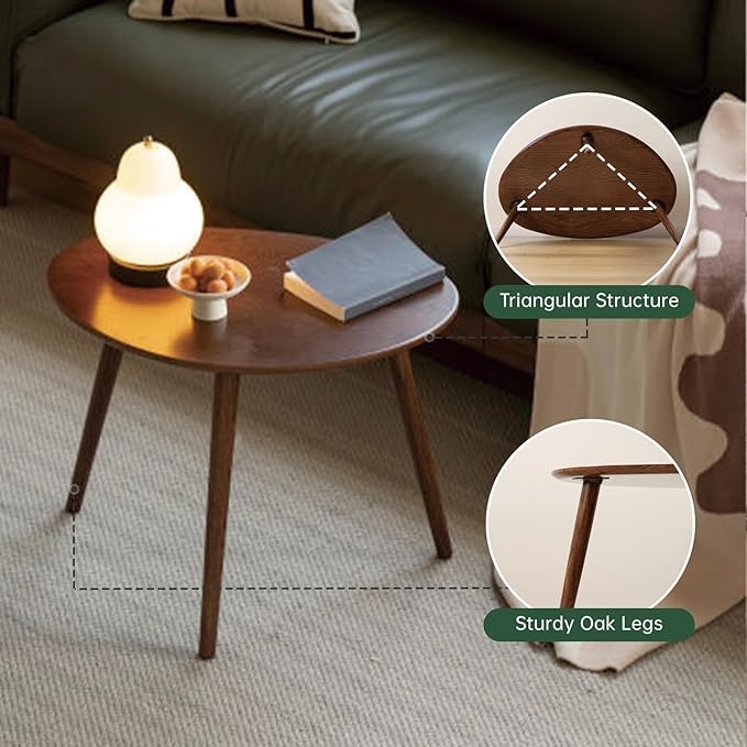 Small Oval Coffee Table, 33.5" Mid Century Modern Coffee Table for Living Room, 100% Solid Oak Wood Side Table, Minimalist Display Center Table (Walnut Color, 33.46''Wx22.83''Dx15.74''H)