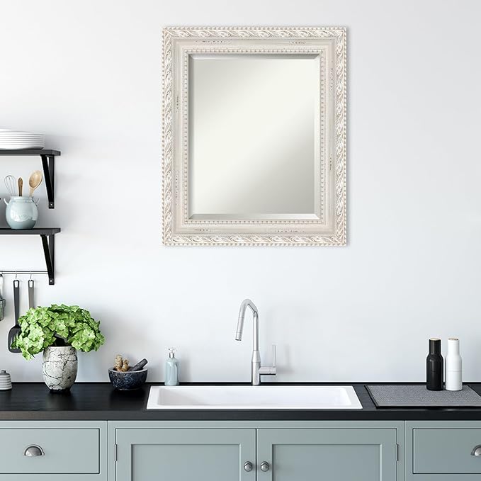 Amanti Art White Bathroom Mirror for Over Sink, 26x22 Opera Off White Rectangle Vanity Mirror, Small Traditional Wood Frame, Hangs Horizonally and Vertically, Bathroom Wall Decor, Beveled Edge from WI