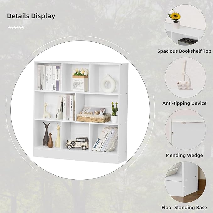 YAHARBO White 3 Tier Bookshelf,Wide Modern Horizontal Bookcase,Wood Low Book Shelf,Wide Display Storage Cabinet with Base,Floor Standing 8 Cube Large Bookcases Organizer for Bedroom,Living Room,Office