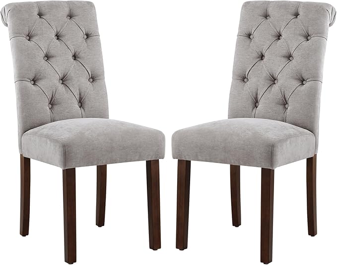 COLAMY Button Tufted Dining Chairs Set of 2, Parsons Upholstered Fabric Dining Room Chairs Kitchen Chairs with Wood Legs and Padded Seat, Light Grey