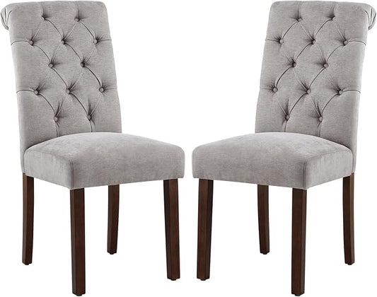 COLAMY Button Tufted Dining Chairs Set of 2, Parsons Upholstered Fabric Dining Room Chairs Kitchen Chairs with Wood Legs and Padded Seat, Light Grey