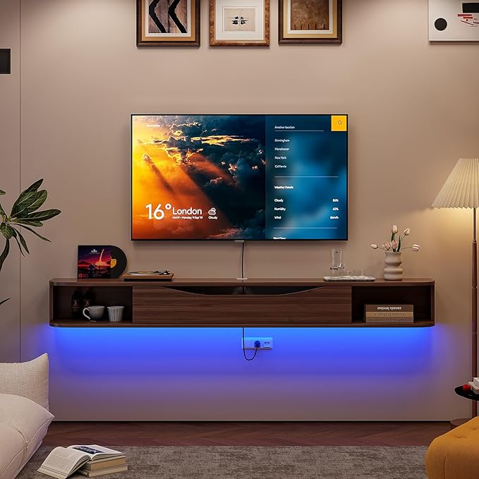 Floating TV Stand,47'' Wall Mounted TV Cabinet,Floating TV Console,Under TV Shelf with 1 Door and 2 Cabinets for TVs up to 55''(Walnut)