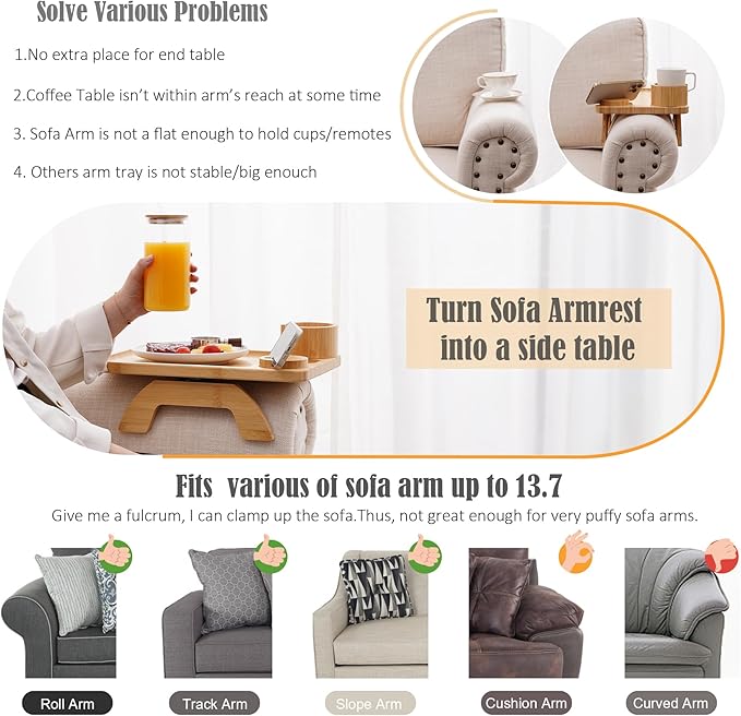 Nnewvante Couch Table on Arm,3 in 1 Large 15.36"x9.85" Bamboo Couch Cup Holder Sofa Arm Clip on TV Tray Table with 360°Rotated Phone/Cup Holder