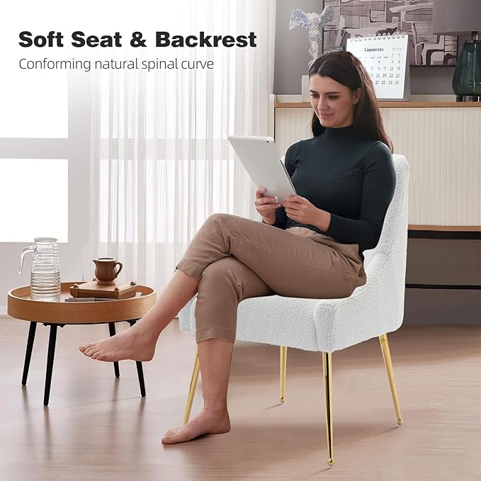 Dining Chairs Medieval Modern Restaurant Chairs, Soft Cushions, Teddy Velvet, Polished Gold Metal Legs, Kitchen Chairs, Living Room White 6-Piece Set