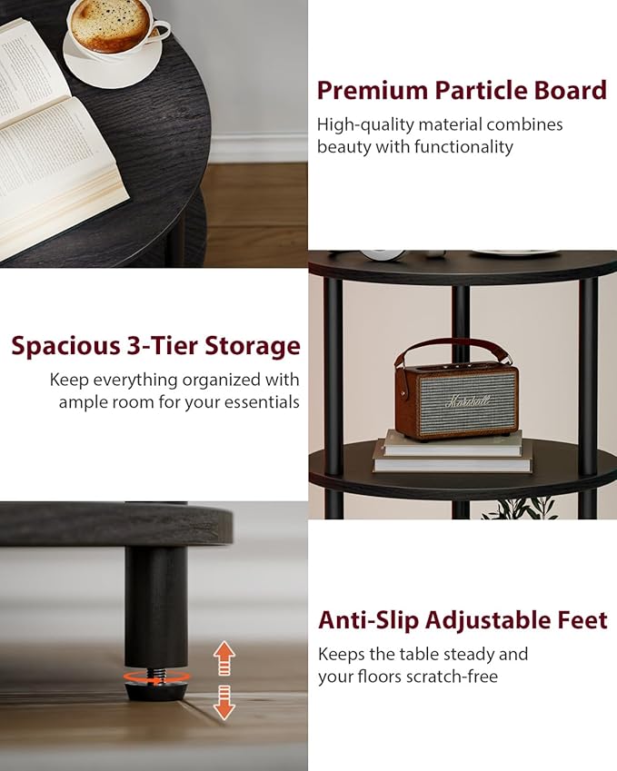 Small Round End Table - 3 Tier Design Accent Table, Narrow Side or Bedside Stand, Industrial Vintage Nightstand for Bedroom, Living Room, or Small Spaces, Set of 2, Charcoal Wenge