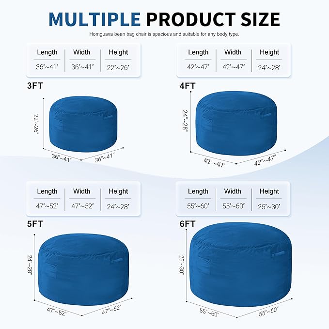 Homguava 5FT Bean Bag Chair Giant BeanBag with Memory Foam Filled, Comfy Bean Bag Chairs for Adults, Adult Bean Bag Chair with Dutch Velvet Cover for Living Room Bedroom-Blue