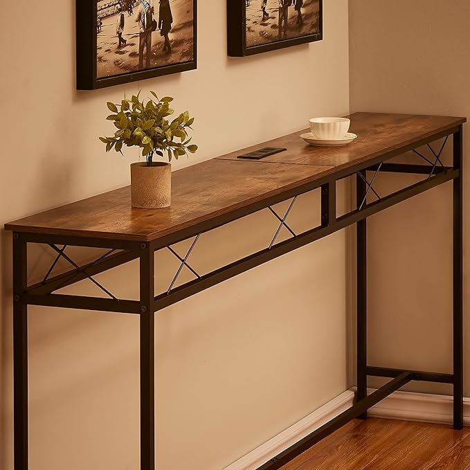 VECELO 71In Extra Long Narrow Sofa/Console Table with Charging Station & Power Outlet and USB Ports, for Entryway, Living Room, Office, Industrial, Rustic Brown