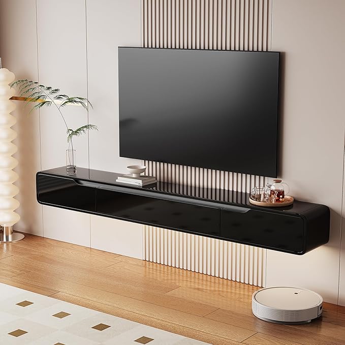 High Gloss Floating TV Stand with 3 Doors,55'' Wall Mounted TV Cabinet,Under TV Console,Floating Media Shelft for Bedroom Living Room(Black)