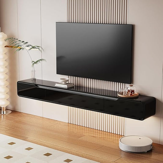 High Gloss Floating TV Stand with 3 Doors,86'' Wall Mounted TV Cabinet,Under TV Console,Floating Media Shelft for Bedroom Living Room(Black)