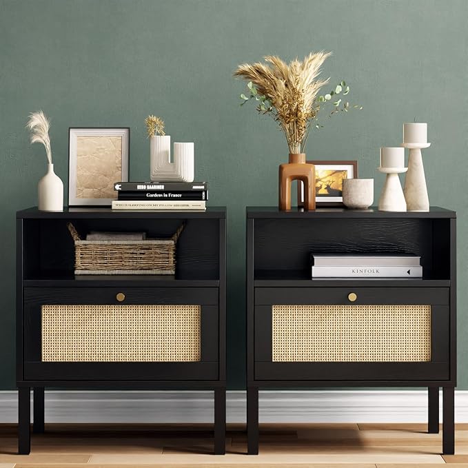 Rattan Night Stand Set 2, Boho Bedside Table Black Nightstand with Rattan Door, Storage Cabinet, Open Storage Space & Sturdy Metal Legs, Accent Bed Side Table, Wood End Tables Bedroom