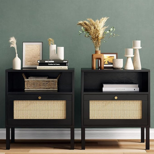 Rattan Night Stand Set 2, Boho Bedside Table Black Nightstand with Rattan Door, Storage Cabinet, Open Storage Space & Sturdy Metal Legs, Accent Bed Side Table, Wood End Tables Bedroom
