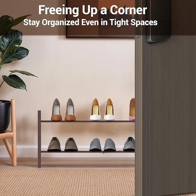 Haddockway Bamboo Shoe Rack for Closet, Free Standing Shoe Organizer with Smooth Round Rods & Convenient Handles, Stackable Shoe Storage Shelf for Entryway, Hallway(Brown, 2-Tier)