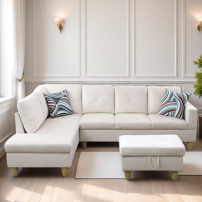L Shaped Sectional Couch Sofa, Modern Couches for Living Room, Comfy 4 Seat Modular Sectional Sofa with Ottoman Storage for Bedroom Apartment, White