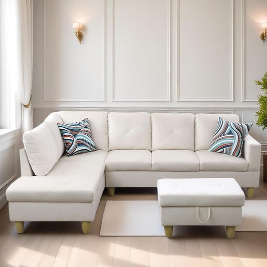 L Shaped Sectional Couch Sofa, Modern Couches for Living Room, Comfy 4 Seat Modular Sectional Sofa with Ottoman Storage for Bedroom Apartment, White