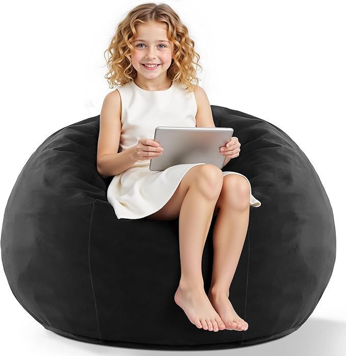 HABUTWAY 2FT Bean Bag Chair, 2' Beanbags Small Bean Bag Chairs with Filling, Teardrop Bean Bag Chair Luxurious Velvet Ultra Soft Fur with Removable Cover (Black)