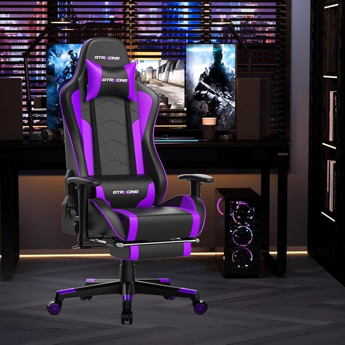 GTRACING Gaming Chair with Speaker and Footrest Office Computer Chairs Music Video Gamer Chair Heavy Duty Ergonomic Computer Office Desk Chair Purple