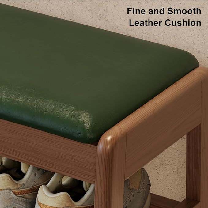 Shoe Rack Bench with Leather Cushion,2 Tiers Shoe Bench with Flip-Top Storage,Wood Shoe Rackh for Entryway,Hallway（Green,39.3"）